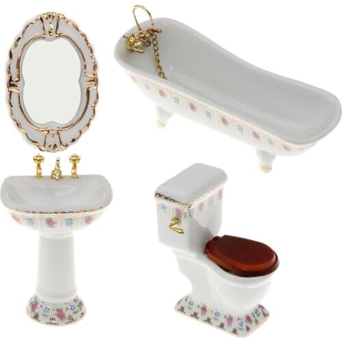 1/12 Dollhouse Mini Furniture Porcelain Bathroom Set Floral Toilet, Bathtub & Basin #2