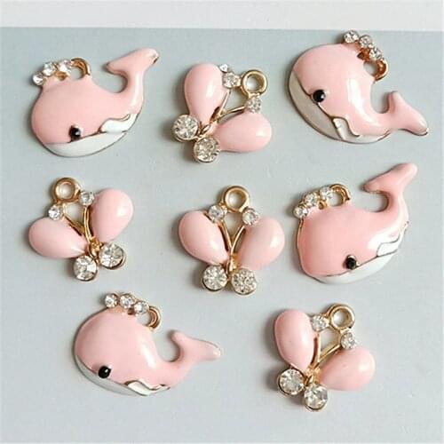 10pcs/lot Pink Whale Butterfly Alloy Rhinestone Pendant Buttons Diamond Buckles for Christmas Decoration Diy Hair Doll Accessory