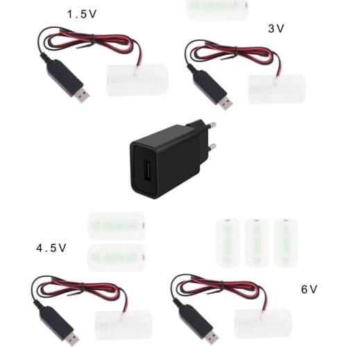 EU Plug USB Battery Power Supply Adapter Can Replace 1 to 4pcs 1.5V 3V 4.5V 6V C Size LR14 Battery Eliminator 1m Cable