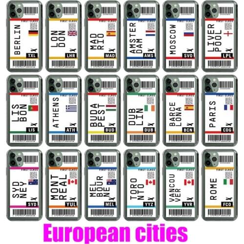 European Cities Passenger Airline Ticket Case For iPhone 12 11 Pro 7Plus 7 8 8Plus X XS Max XR Soft Clear TPU Phone Case Fundas