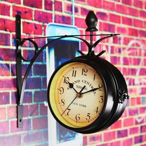 Double Sided Round Wall Mount Station Clock Garden Vintage Retro Home Decor Metal Frame + Glass Dial Cover for Christmas Gift