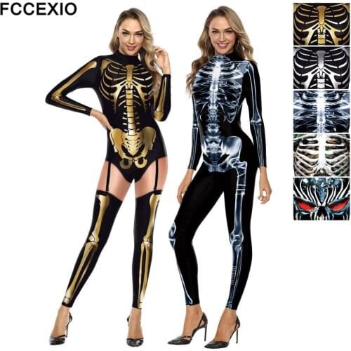 FCCEXIO Purim Carnival Cosplay Costumes Fashion Bodysuit Skull Skeleton Print Jumpsuit Funny Women Suit Sexy Catsuit Female