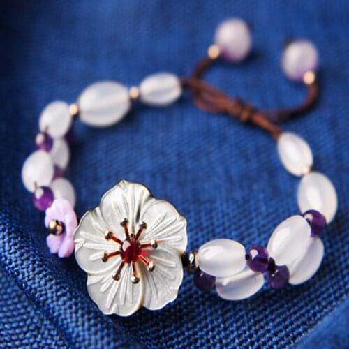 FYSL Light Yellow Gold Color Flower White Shell and Agates Beads Elastic Bracelet for Women Amethysts Jewelry