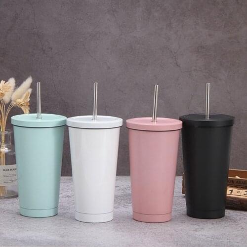 500ML Stainless Steel Insulated Mug With Lid And Straw Coffee Mug Drink Travel Cup Vacuum Flask Metal Cup Tumbler Beer Tea Cup