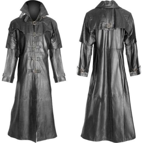 Black Faux Leather Coat Men Fashion Lapel Snap Button Long Men PU Leather Jacket Punk Style Jackets Men Lugentolo