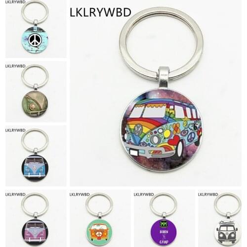 LKLRYWBD/Popular Peace Sign City Big Bus Keychain Convex Round Glass Pendant Fashion Keychain Cartoon Car Keychain