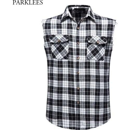 Double Pocket Sleeveless Plaid Shirt Men Casual Flannel Snap Shirt Male Cowboy Button Down Cotton Plus Size Vest Shirt Chemise