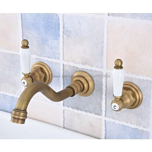 Bathroom Basin Faucet Set 3 hole Antique Brass Double Handle Wall Mounted Bathroom Sink Faucet Hot Cold Tap Nsf532