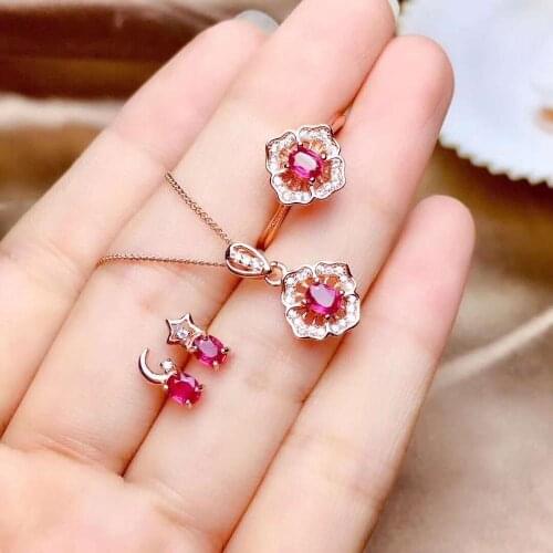 Real Natural Ruby jewelry set Natural Real Ruby 925 sterling silver 1pc pendant,1pc ring,2pcs Earring