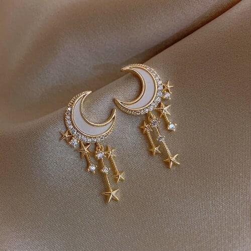 2021 New Trendy Moon Star Dangle Earrings For Women Temperament Pearl Rhinestone Tassel Pendant Earring Girl Party Jewelry Gift