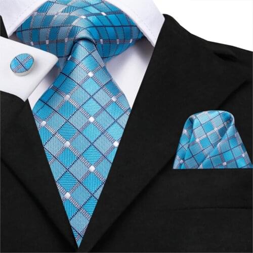 Hi-Tie 8.5cm 100% Silk NewGift For Mens Tie Blue Plaid Necktie for Men Classic Party Wedding Hanky Cufflinks Fashion Tie Set