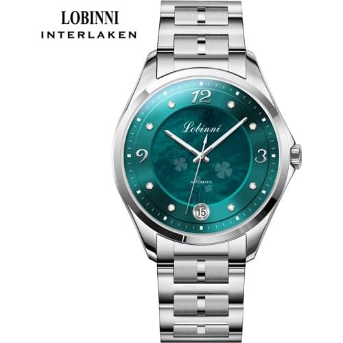 LOBINNI Luxury Mechanical Woman Wristwatch High-End Seagull Movement Womens Watch Unique Green Dial Watch With Date
