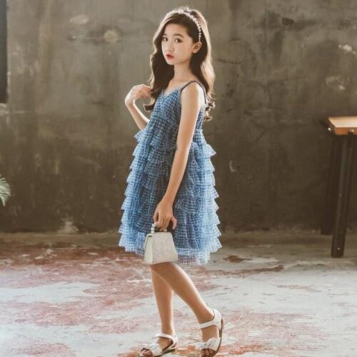 Chiffon Summer Sleeveless Girls Short Dress Slip Lace Plaid Flower Girls Dress Princess Robe Fille Ete Girls Dresses BW50DR