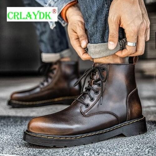 CRLAYDK Waterproof Mens Winter Ankle Boots Leather Fashion Lace-Up Casual Walking Non Slip Work Mid Outdoor Hiking Male Shoes