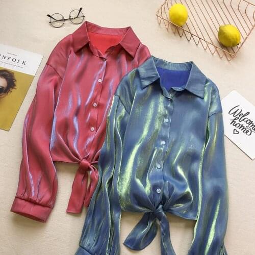 2020 women Casual Autumn Spring Blouse Gradient color knotted short shirt Glitter satin Long sleeve cropped blouse Streetwear