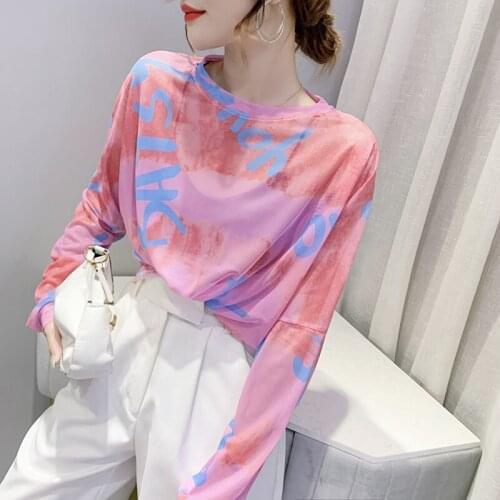 2021 Mesh Long Sleeve Top Women Print Summer Spring Basic Sexy Party 90S Casual T Shirts Transparent