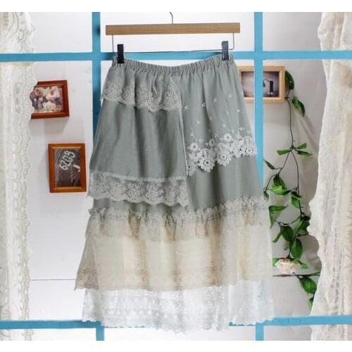 Mori Girl Lace Layer Floral Mid-Calf Fairy Skirt Elastic Waist Novelty Saia Gothic Ropa Mujer BOho Mori Lolita Lace Ropa Mujer