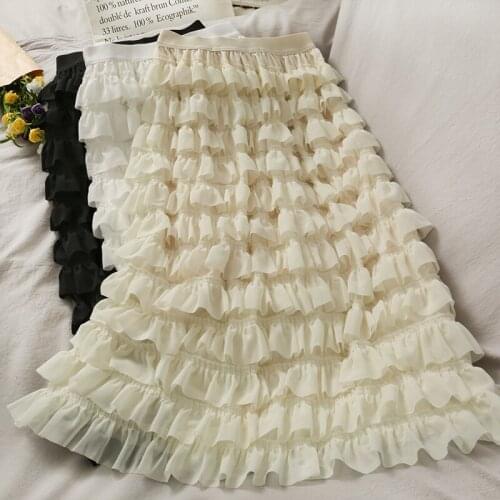 Women High Waist RUFFLE MESH TUTU SKIRT Sheer Net Tulle Pleated Long Cake Skirt Slim Fit Black White Bohemia New 2021