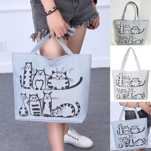 Women Cats Printed Bag Beach Zipper Bag Shoulder Bag Canvas Tote Shopping Handbags Cartoon Handbag