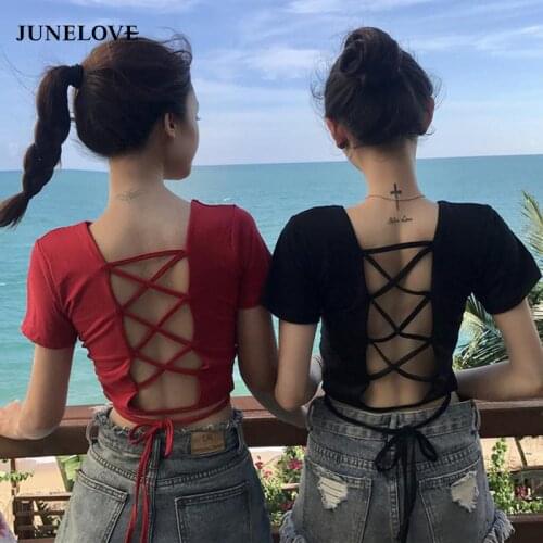 Hollow out Lace up sexy t-shirts for women fashion Short Sleeves Female t shirt summer crop top female O-neck tops black tee