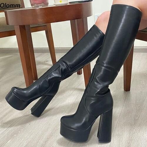 Olomm New Arrival Women Winter Platform Knee Boots Side Zipper Block Heels Round Toe Elegant Black Shoes Women Plus US Size 5-15