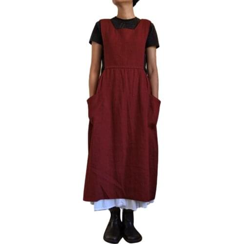 Women Solid Color Sleeveless Square Neck Pockets Cotton Linen Apron Long Dress vetements femme ete платье одежда для женская