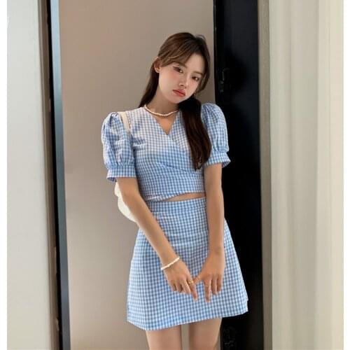 Blue Plaid Puff Sleeve Woman Two-piece Suit V-neck Crop Top Summer Vintage Style Female Clothing A-line Mini Skirt New Fashion