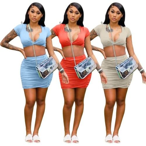 2021 Summer New Style Womens Fashion Sexy Solid Color Pleated V-Neck Skirt Two-Piece Suit