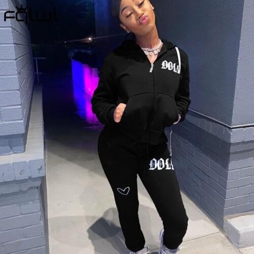 FQLWL Streetwear Autumn Tracksuit 2 Two Piece Set Women Neon Outfits Zipper Hooded Matching Sets Ladies Fitness Sweatsuit Female
