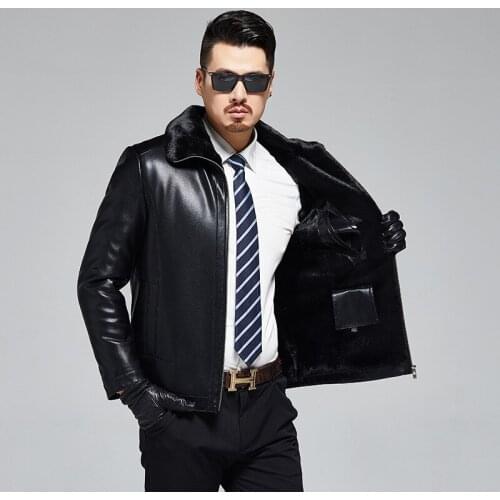 1926 Mens Fur-in-One Sheepskin Coat Middle-aged and Old Aged Men with Thickened Turn-over Collar Winter Leather Jacket