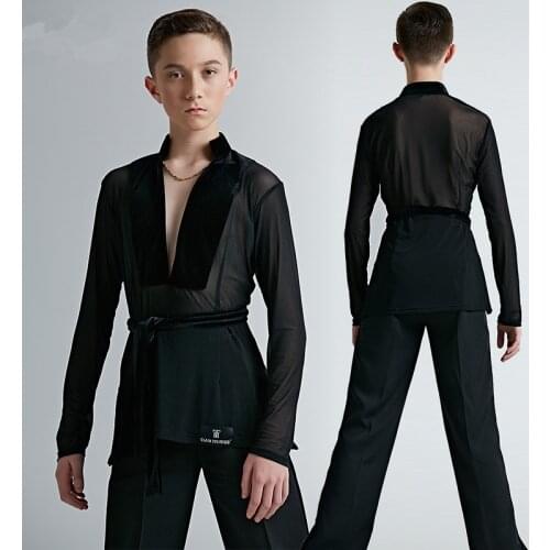 2020 boys Black Latin Dance Tops For Male Long Sleeve M-XL Soft Milk Silk Lycra Shirt Cha cha Rumba Adult Ballroom Top for dance