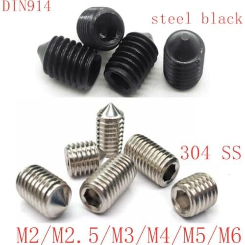 50pcs M2.5 M3 M4 M5 M6 DIN914 304 stainless Black grade 12.9 steel Hex Hexagon Socket Cone Point Grub Set Screw Tapered End Bolt