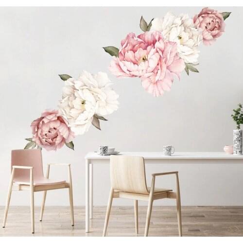 Watercolor Pink White Peony Rose Flowers Wall Stickers for Kids Room Living Room Bedroom Home Decoration Wall Decal Home Decor