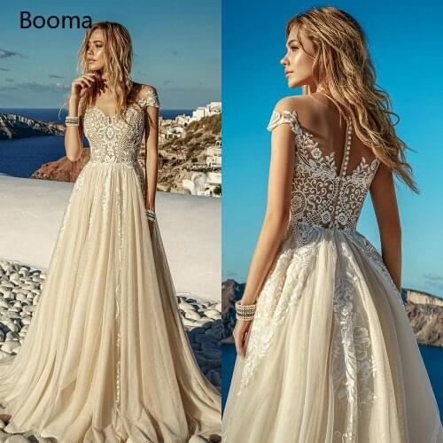 Booma 2020 Champagne Wedding Dresses Boho Beach Chiffon Lace A Line Bridal Gowns Long Wedding Gown with Cap Sleeve Plus Size