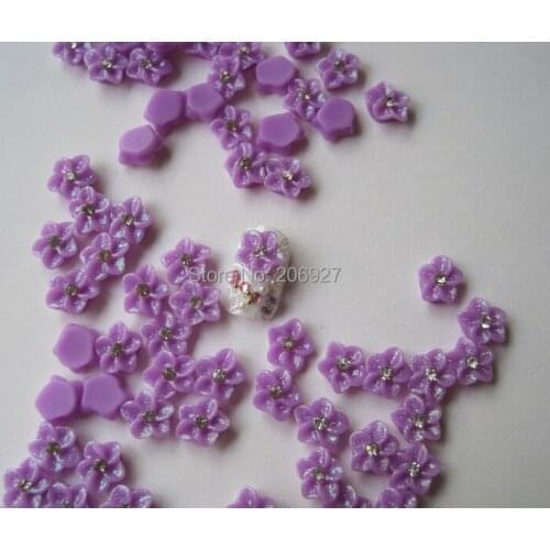RF8-12 30pcs Cute Purple Glitter Flower with Rhinestone Shape Nail Resin Decoration Outlooking