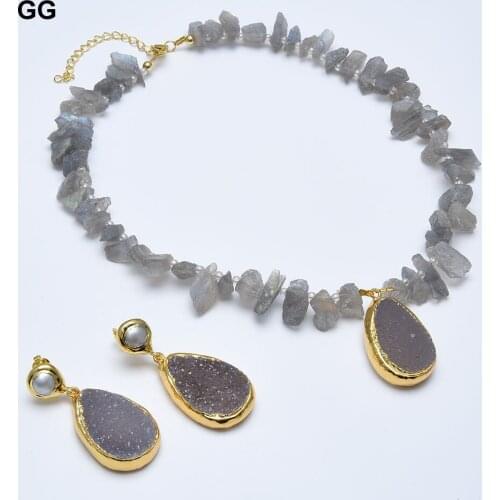 GG Jewelry Natural Rough Labradorite Nugget Real Gems Gray Quartzs Pendant Necklace White Pearl Earrings Sets Handmade For Women