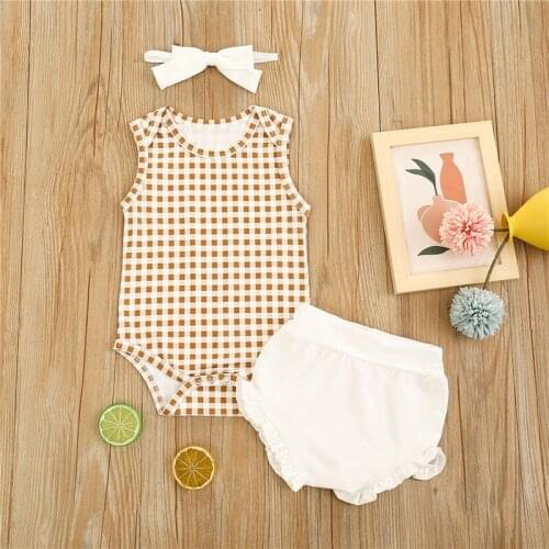 Infants Three Piece Set, Sleeveless Check Pattern Romper High Waist Ruffled Hem Shorts Bow Hair Band for Baby