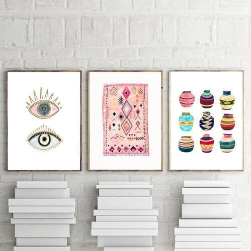 Moroccan Rug Art Painting Boho Wall Pictures Eye Tribal Woven Basket Watercolor Canvas Art Prints Home Bohemia Poster Wall Decor