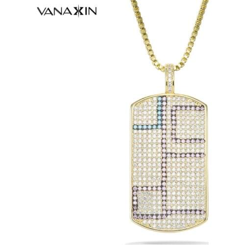 VANAXIN Mens Pendant Filled Iced Out Cubic Zirconia Gold Color Charms Square Dog Tag Necklace Chain Hip Hop Jewelry Gift Box