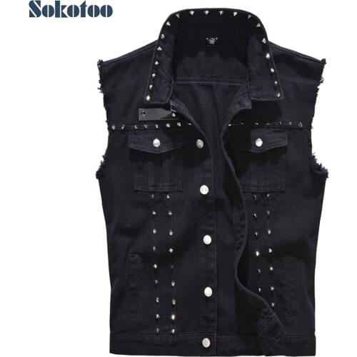 Sokotoo Mens rivet slim fit black denim vest Fringe sleeveless tank top Waistcoat Outerwear
