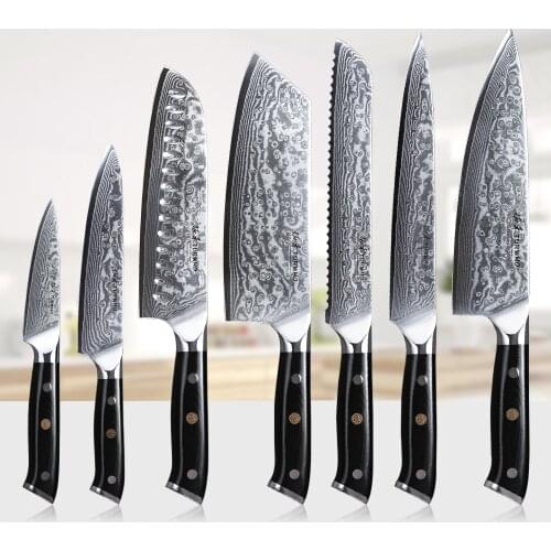 TURWHO 7Pcs Kitchen Knives Set Japanese Damascus Stainless Steel New designed Knife Cleaver Nakiri Knife with G10 Handle