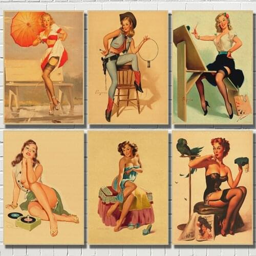 PINUP GIRLS NO.2 World War II Vintage Kraft Paper Classic Poster Bar Cafe Living Room Dining room Wall Decorative Paintings