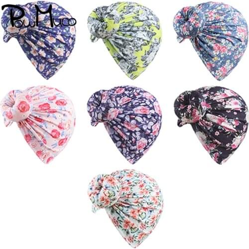 Powmuco 1 PCS 19*18 CM Vintage Flowers Pattern Round Ball Infant Hat Cute Print Donut Children Caps Fashion Turban Birthday Gift