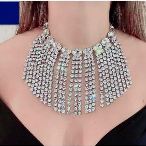 Handmade Luxury Rhinestone Big Water Drop Choker Statement Necklaces for Women Bling Crystal Long Tassel Pendant Bridal Necklace