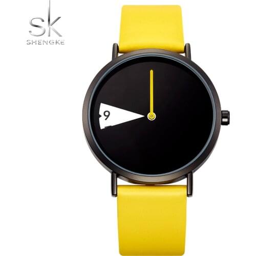 SHENGKE Watch Women Quartz Wristwatches Luxury Creative Montre Femme Top Brand Watches Yellow&Black Leather Fashion Reloj Mujer