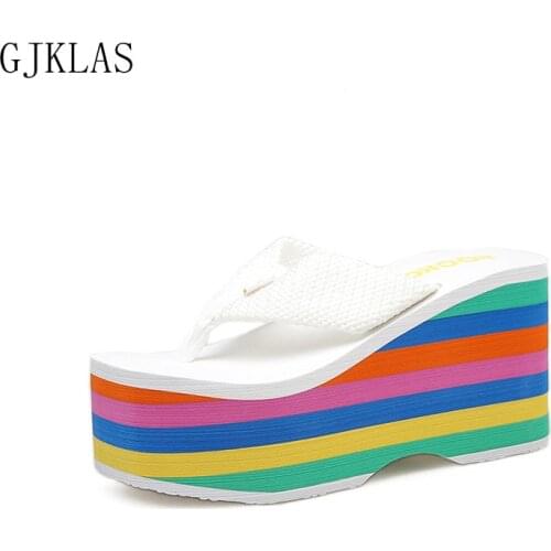 Platform Flip Flops Wedges Shoes for Women High Heels Rainbow Beach Slippers Femme Summer Casual Sliders Shoes Women Sandals