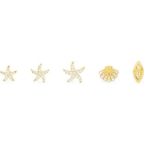 SLJELY Fashion 5pcs Set Real 925 Sterling Silver Gold Color Starfish Seashell Fish Ocean Animal Stud Earrings Women Fine Jewelry