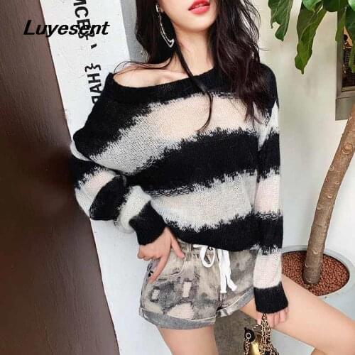 Black White Lady Striped Pull Sweater Autumn Women Thin Elegant Long Sleeve O Neck Knit Pullover Sweaters Korean Fashion Clothes