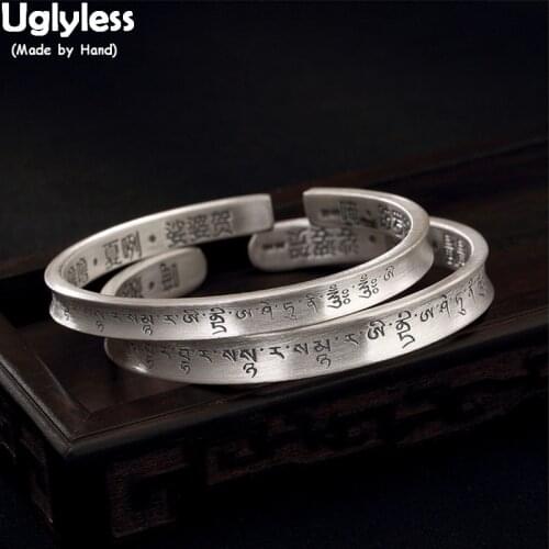 Uglyless 1 Piece Concave Convex Tibetan Bangles for Buddhists Women Blessing Open Bangles Solid 99.9% Full Silver Gifts Jewelry