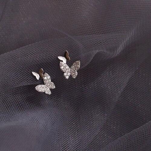 Korean Fashion Silver Plated Lovely Butterfly Stud Earrings Zircon Women Fashion Jewelry Leisure Party Jewelry Anniversary Gift